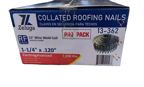 Zeluga 13-362 1-1/4in. x 0.120in. 15 Degree Electrogalvanized Smooth Shank Coil Roofing Nail 7,200/Box