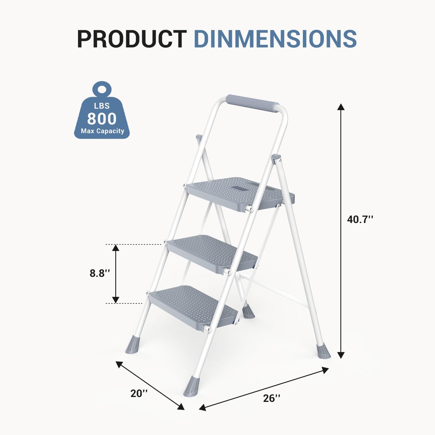 DUMOS Step Ladder, 3 Sturdy Step Stool with Anti-Slip Pedal & Comfortable Handrail, Portable Heavy Duty Stool for Kitchen, Garage & Outdoor Use, 800lbs, Pale Grey