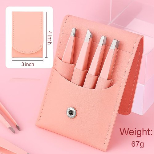 4 Piece Tweezers Set with Leather Case Precision Eyebrow Tweezers Kit Slant Pointed Flat Curved Tip for Facial Hair(P2)