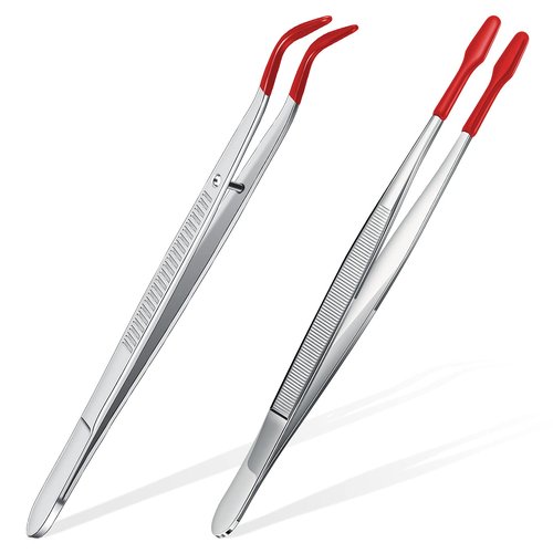 2 Piece Tweezers with Rubber Tips Set - Bent and Straight Flat Tips Tweezers PVC Coated for Stamp Coins Jewelry Crafts, Electronics(Silver, Red)