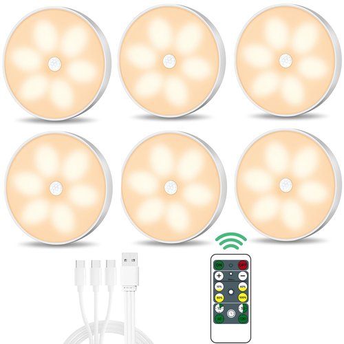 Warm Color LED Closet Lights Wireless Motion Sensor Step Light, USB Rechargeable Battery Operated Puck Lights with Remote, Dimmable Under Cabinet Counter Lighting for Wardrobe Kitchen (6 Pack)
