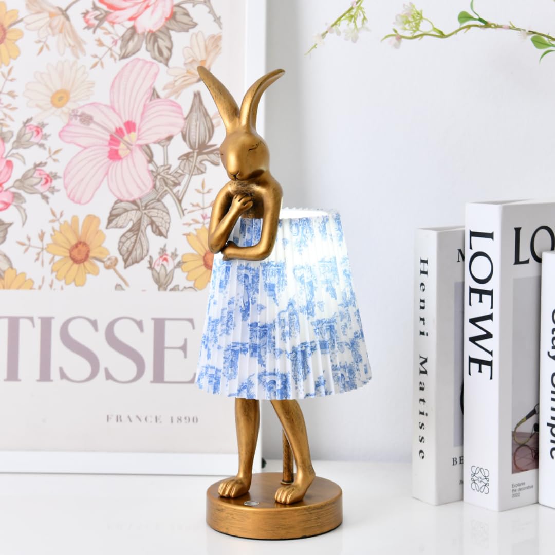 ZenithLight Rabbit Table Lamp Rechargeable, Cordless LED with Linen Shade and Gold Resin Base, Touch Dimmable Wireless Lamp for Bedroom Nightstand Kids Room Nursery Living Room - Pattern