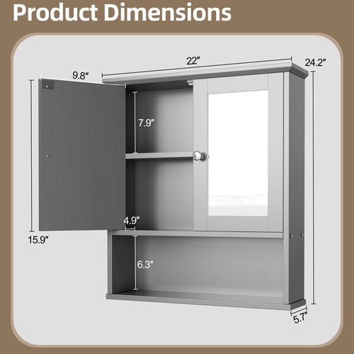 Walsunny Medicine Cabinet Mirror with Storage, Wood Bathroom Wall Cabinet with 2 Vanity Mirror Door and Adjustable Shelfs Wall Mounted for Rv Bathroom Restroom Kitchen, Gray