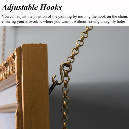 UrbanUp Picture Rail Hanging System Brass Chain with Hooks & D - Rings, 3.3ft Long Gold Chain for Picture Hanging Rail, Picture Hanging Hardware Adjustable(4pcs)
