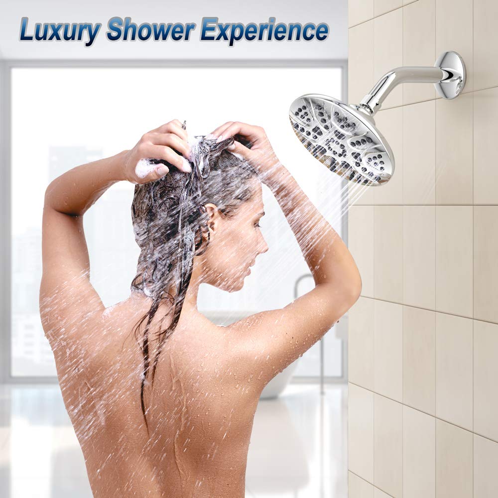 HOPOPRO 6 Inch High Pressure Shower Head with 5 Functions, High Flow Rainfall Shower Head Fixed Shower Head High Flow Rain Shower Head for Luxury Shower Experience