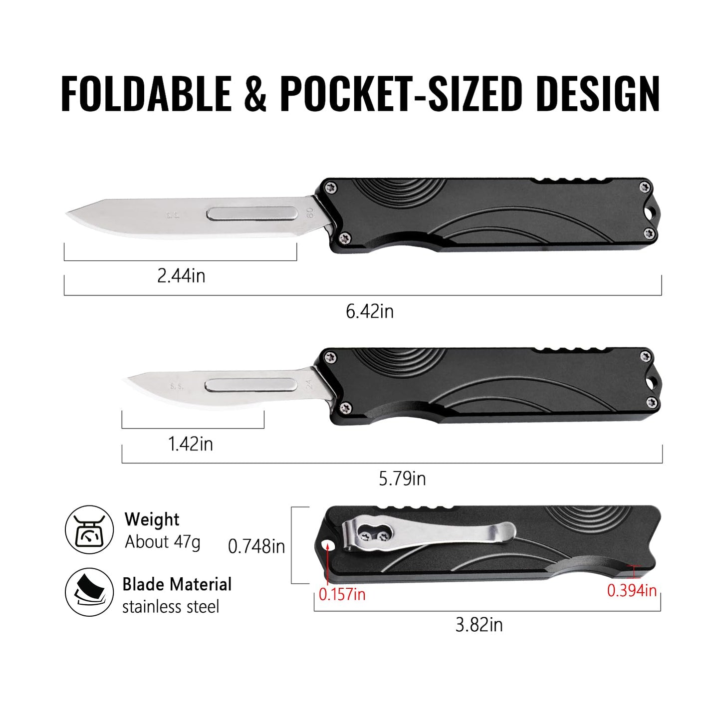 TGZUO Aluminum Alloy Pocket Knife, Utility Knife with Clip EDC Scalpel Knife, Box Cutter for Outdoor Huting, Camping, Fishing, Hiking