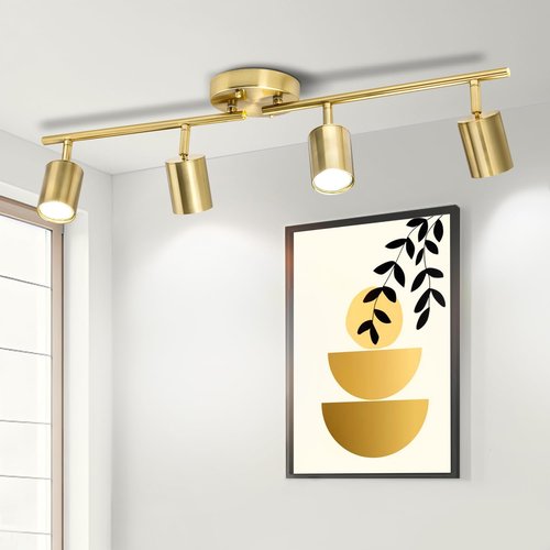 Fondiiz 4 Ways Track Lighting, Rotatable Heads Tracks Light, Track Lightings Fixtures Ceiling with Foldable Arms, Modern Gold Tracks Light for Kitchen, Living Room, Hallway(Bulbs Not Included)