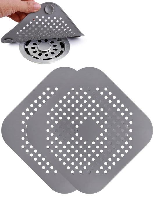 3 Pack Hair Catcher Drain Cover with 4 Suction Cups, 5.7x5.7 Inch TPR Square Sink Strainer for Bathroom, Kitchen, Shower & Tub, Durable, Easy to Clean, Grey