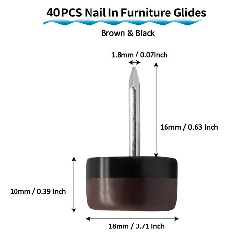 Qjaiune 40 PCS Nail in Furniture Glides 18mm Nylon Chair Glides for Wood Floors, Plastic Table Leg Protectors Chair Feet Sliders, Plastic Table Legs Tack on Furniture Pads for Hardwood Floors (Brown)