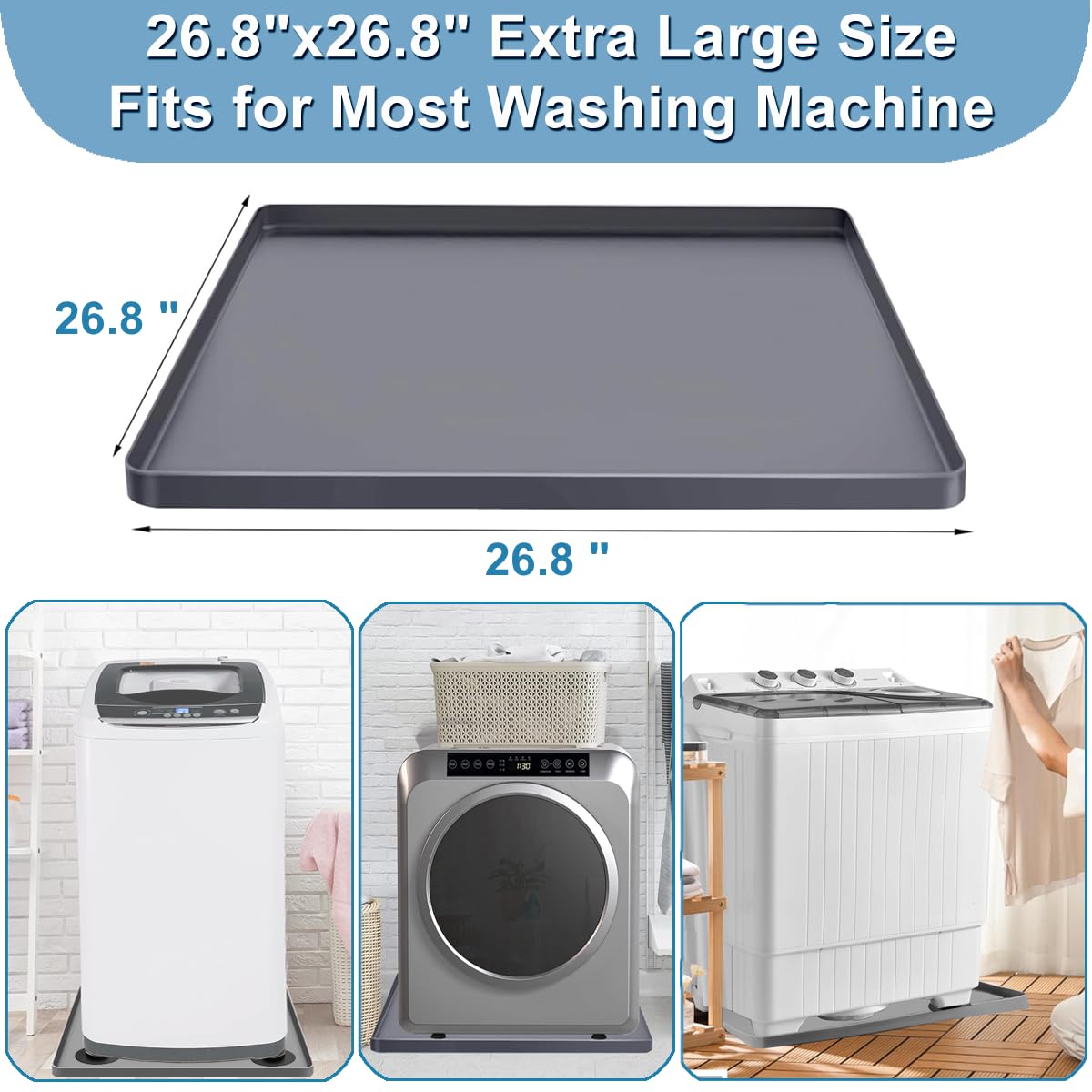 Washing Machine Drain Pan Washer Silicone Mat, Washer Tray Anti-Vibration Soft Bottom Pad Under Dryer Drip Pan Floor Protector, 27x27 Inch Non-Slip Leak Pan Waterproof Washer Drip Tray (Gray+4 pad)
