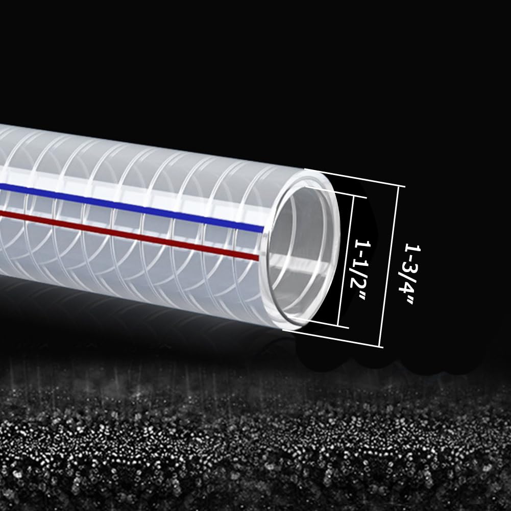 JoyTube 1-1/2"ID x 1-3/4"OD Steel Wire Suction Vinyl PVC Flexible Tubing, High Pressure Heavy Duty UV Chemical Resistant Clear Thick Suction Tube Hose, 6.6 FT