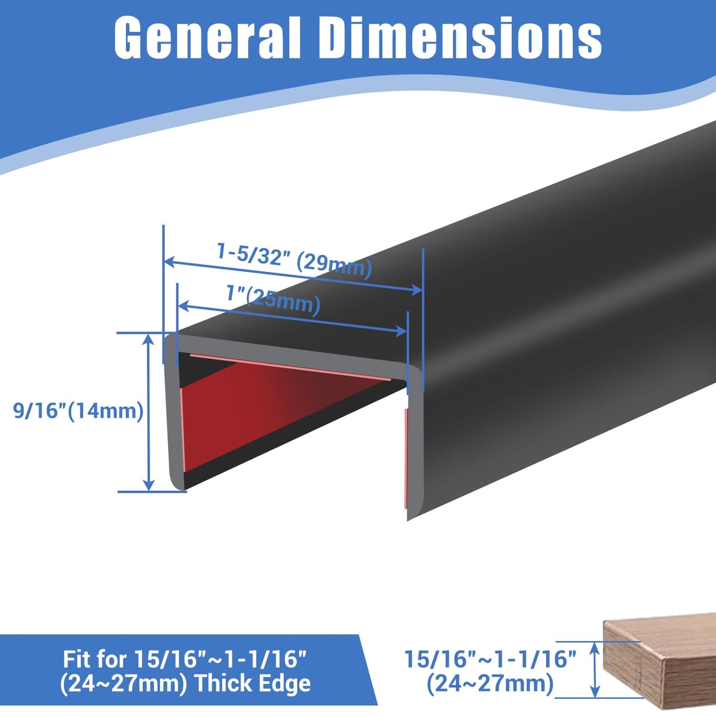 Rubber Edge Trim, Self-Adhesive U Channel Edge Protector for Plywood, Cabinet, 1" Wood Edge Banding, Flexible Furniture Repair, EPDM Material, Fit 1"(25mm), Length 10Ft, Black