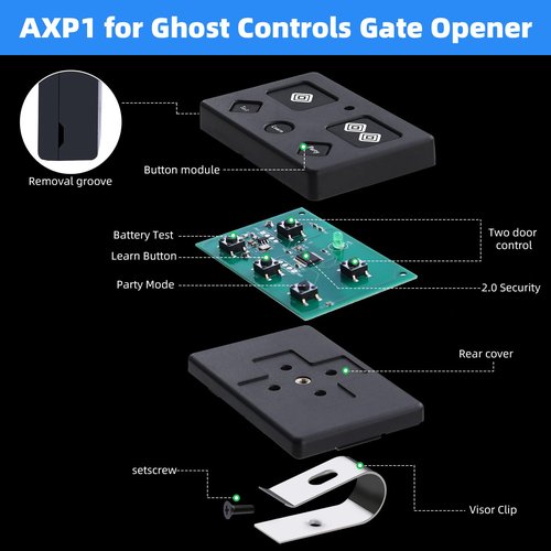 AXP1 AXS1 Replacement for Ghost Controls Remote, 5-Button Remote Transmitter Compatible with All Single and Double Opener Systems for Ghost Controls, Partymode + Battery Test Button, 3pack
