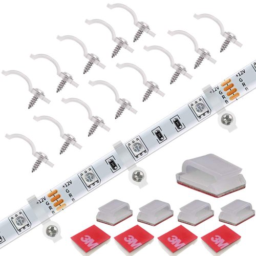 FSJEE 100Pack Mounting Fixing Clips with Screw, and 50Pack Self-Adhesive LED Strip Brackets Holder for 10mm Width LED Strip Light