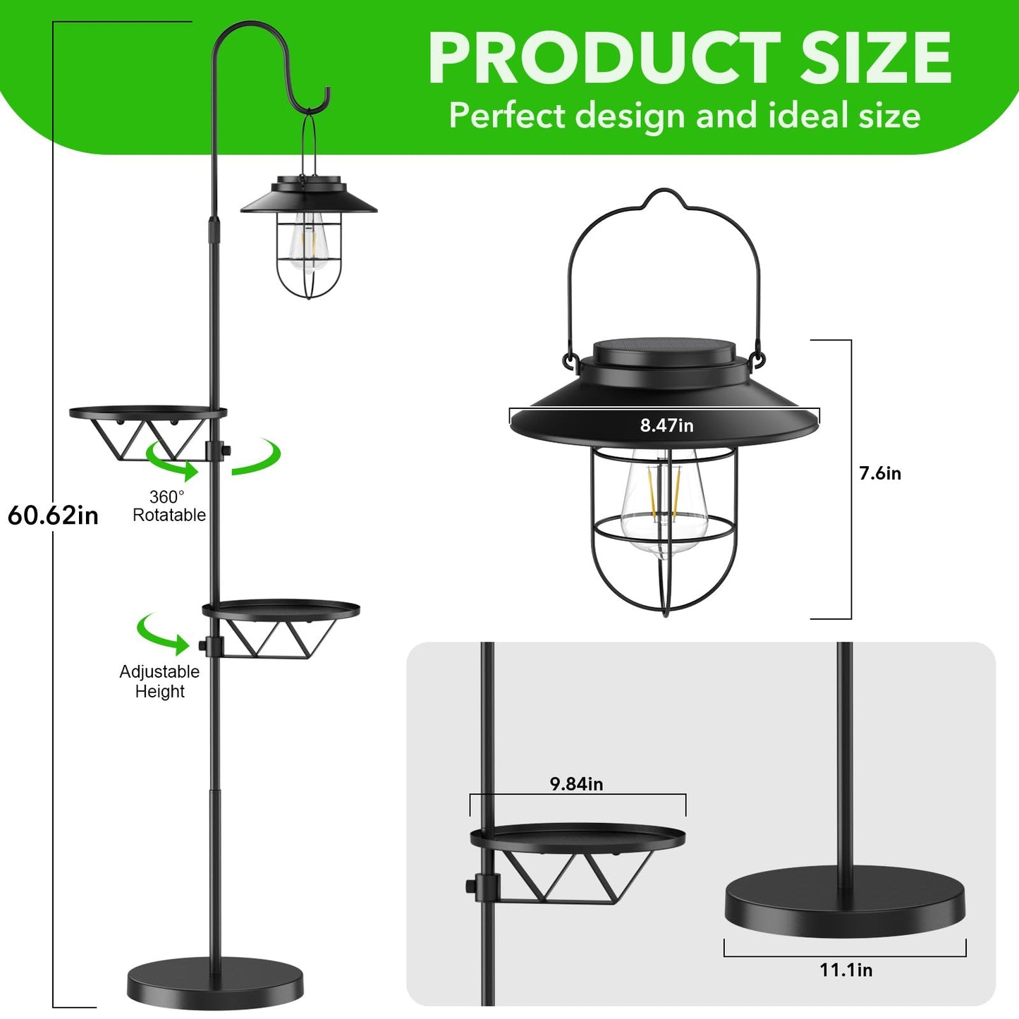 XPSCOCO 60" Solar Light with Plant Stands, Outdoor Floor Lamp, Waterproof Metal Hanging Solar Lantern for Patio Deck Porch Yard Garden Decor
