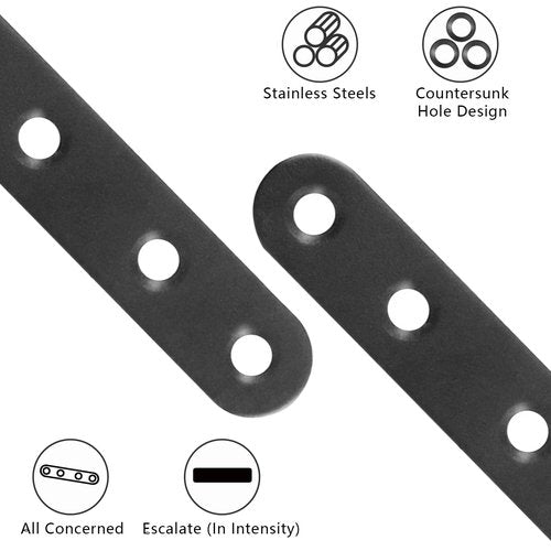 12 PCS 2.99'' x 0.63'' Stainless Straight Flat Brackets, Black Flat Metal Brace Bracket, Support Flat Metal Brace for Wood Furniture, Mending Plate Connector Joining Bracket for Fence,48 Screws