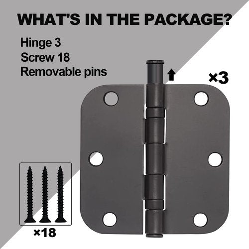 3 Pack Matte Black Door Hinges Black 3.5 x 3.5 Inch Interior Door Hinges 3 1/2 Inch Thicken with Round 5/8" Radius Corners, Hardware Door Hinge Replacement