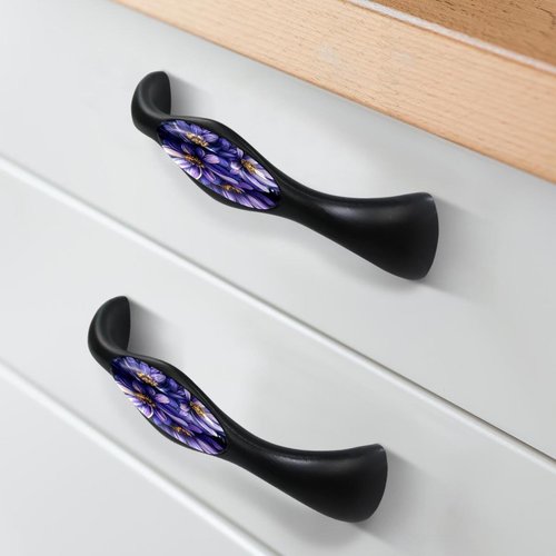 NEWzone 4 Pack 5.6 Inch Cabinet Pulls Kitchen Cabinet Handles with Purple Flower, Black Cabinet Hardware Stainless Steel Kitchen Drawer Pulls for Cabinets Cupboard, 125mm Hole Center