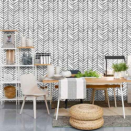MulYeeh 17.5'' x 118'' Adhesive Peel and Stick Paper Herringbone Black White Wallpaper Removable Wall Covering Prepasted Decorative