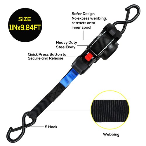 ANLULOAD Retractable Ratchet Strap(1 in x 9.8 ft),Ratchet Tie Down Strap for Motorcycles, Boats,Atvs,Utvs.W.L.L:700 Lbs/B.S:2,100 Lbs-(4Packs) (Black)