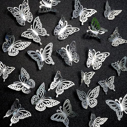 3D Laser Metallic Butterfly Wall Decor, Silver, 48Pcs 4 Styles 3 Sizes, Removable Stickers Wall Decor Room Mural for Party Cake Decoration Kids Bedroom Nursery Classroom Wedding Decor