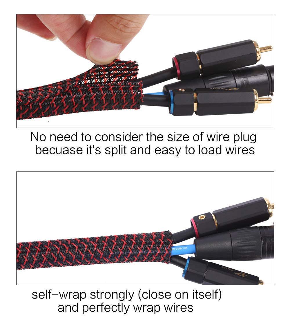 Alex Tech 10ft - 1 inch Cord Protector Wire Loom Tubing Cable Sleeve Split Sleeving For USB Cable Power Cord Audio Video Cable – Protect Cat From Chewing Cords - Blackred