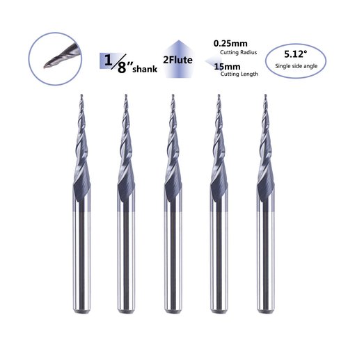 SpeTool 5Pcs Tapered Ball Nose Carving End Mill 1/8 inch Shank 0.25MM Radius (0.5MM Diameter) Tips 3D Woodworking Tool CNC Router Bits