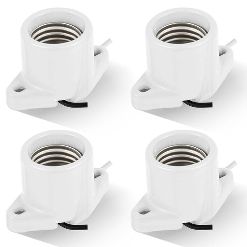 Saysurey 4 Pcs E26 Light Socket Porcelain Lamp Holder Socket Medium Keyless Threaded Base with Two Hole Flange Mounting and 6" Wire Indoor Garage Closet Lighting