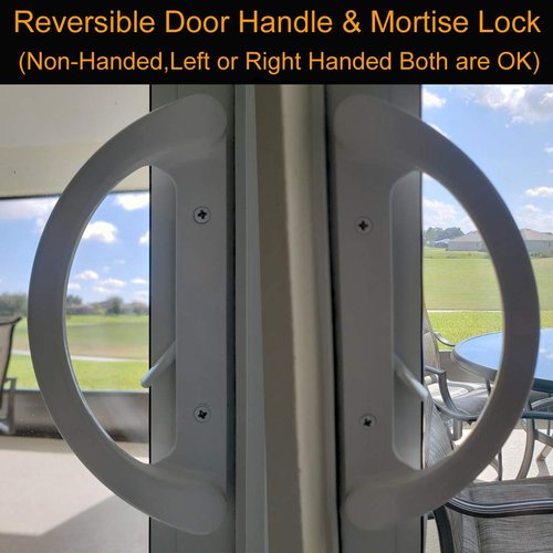 Patio Door Handle Set + Mortise Lock 45° Perfect Replacement for Sliding Glass Door Fits 3-15/16” Screw Hole Spacing, Non-keyed with Latch Locks,White Diecast,Reversible Design(Non-Handed)