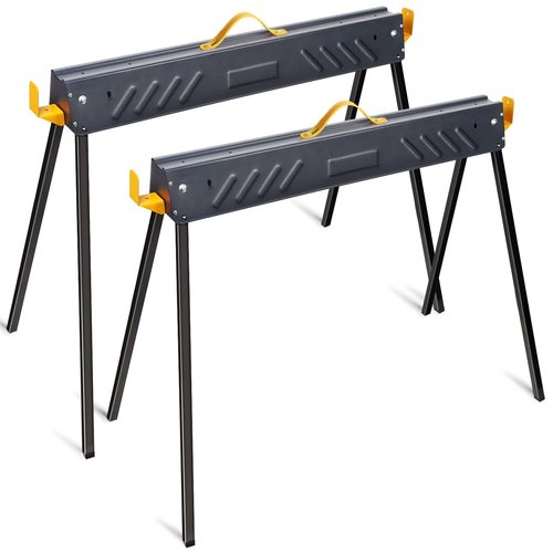 FORUP 2 Pack Heavy Duty Folding Portable Saw Horses Table, 1322 Lbs Load Capacity Metal Saw Horse with Fast Open Legs and Easy Grip Handle for Woodworking, Dark Grey & Yellow