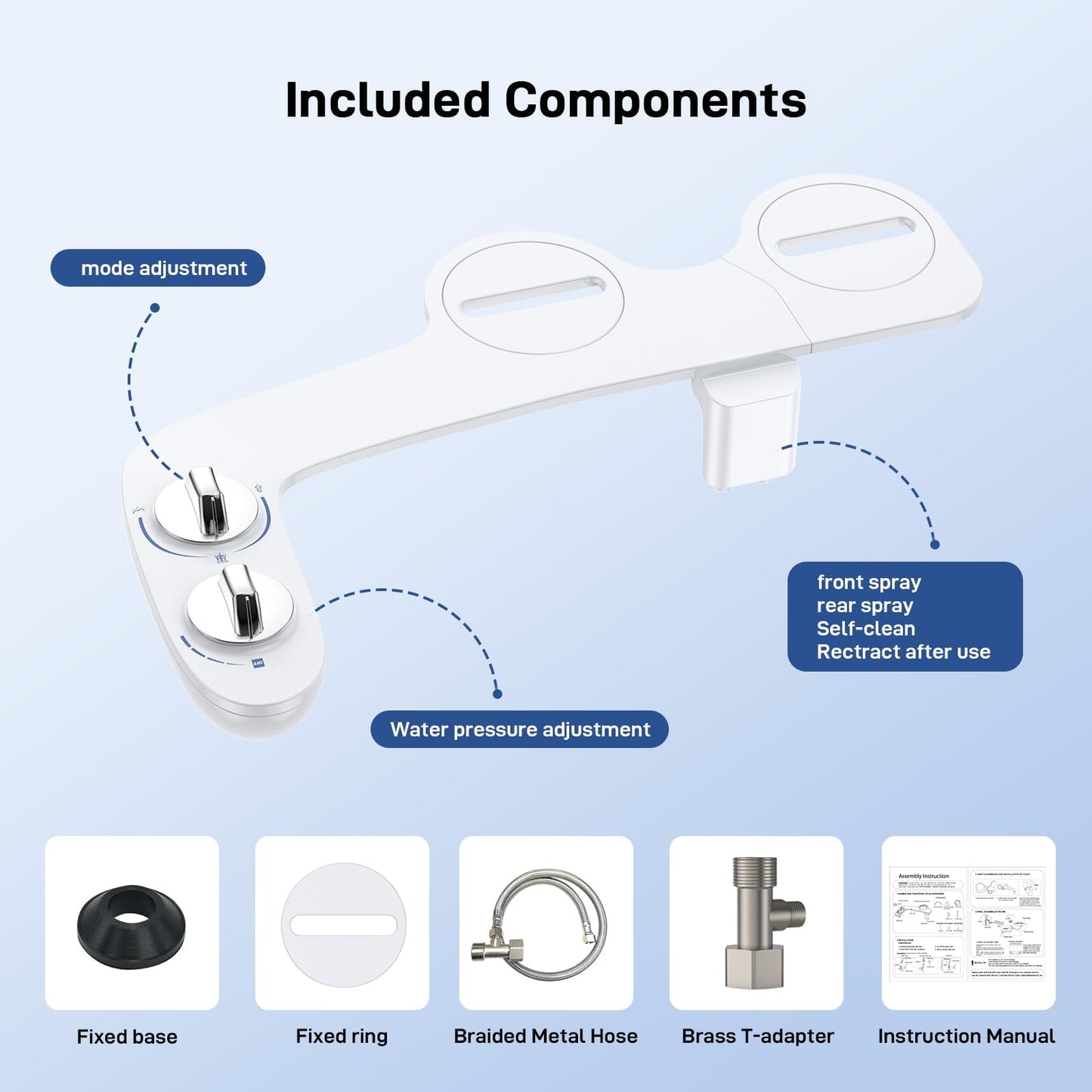 Homfan Toilet Bidet Attachment, Non-Electric Dual Nozzle (Feminine/Bidet Wash), Self-Cleaning Fresh Cold Water Sprayer Bidets for Toilets with Adjustable Water Pressure (Dual Knob, Chrome)