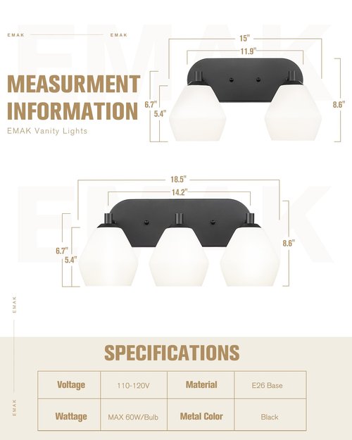 Emak Modern 2-Light Bathroom Vanity Light, Black Bathroom Light Fixtures with Milk Glass Shade, Farmhouse Vanity Lights for Mirror, Bath, VL129-BK-ML-2