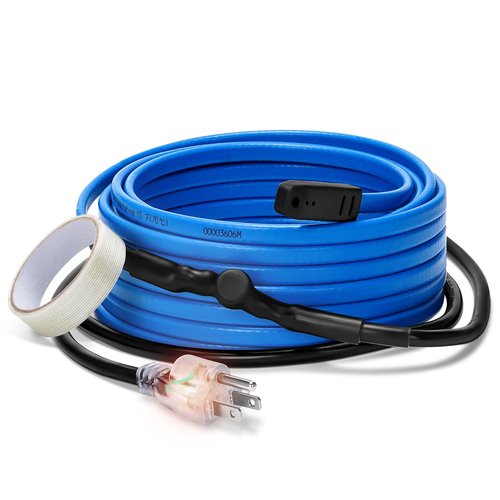 Heating Cable With Thermostat for Freeze Protection, 6FT Heat Cable + 6FT Power Line, Tape for Water Pipes Insulation, Trace for Metal Plastic Home Pipe, Roof, RV, Gutter