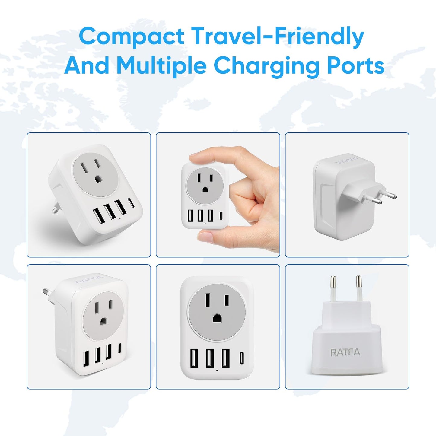 [2-Pack] European Travel Plug Adapter, RATEA International Power Plug Adapter with 3 USB Type A, 1 Type C Outlet Adaptor Charger for US to Most of Europe EU Spain Italy France Germany