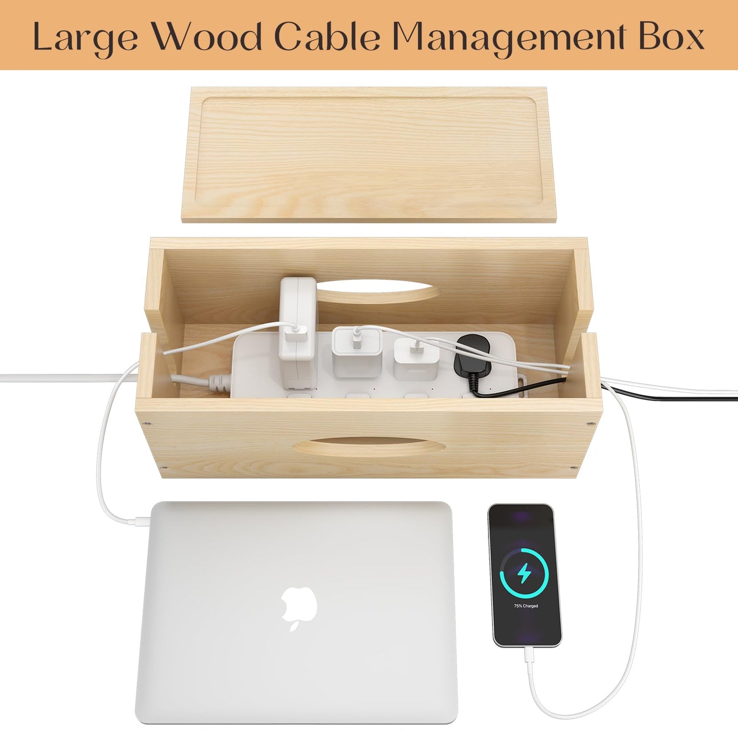 Pine Wooden Large Cable Management Box, Cord Organizer Cover Cord Hider Floor Outlet Hiders for TV Wires, Computer, Router, USB Hub Under Desk Power Strip Electrical Cord Management (1)