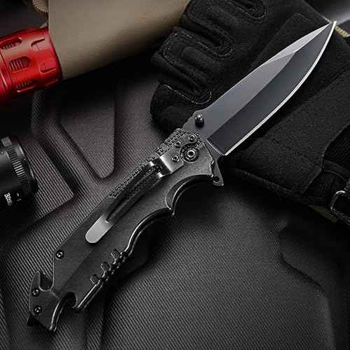 Pocket Knife with Serrated Clip Blade, Folding Pocket Knife for Outdoor Tactical Survival and EDC, Survival Knife Liner-Lock Belt Clip, Hunting, Camping, Broken Glass, Unique Gifts for Friends