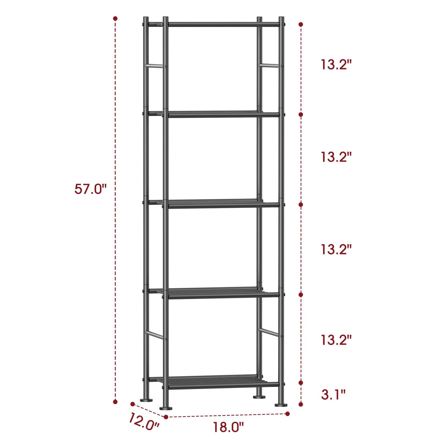 Sakugi Storage Shelves - 5 Tier Shelf Organizer, Sturdy Metal Garage Shelving with Adjustable Leveling Feet, Space-Saving Shelves Organizer for Pantry, Laundry, Kitchen (18" x 12" x 57", Black)