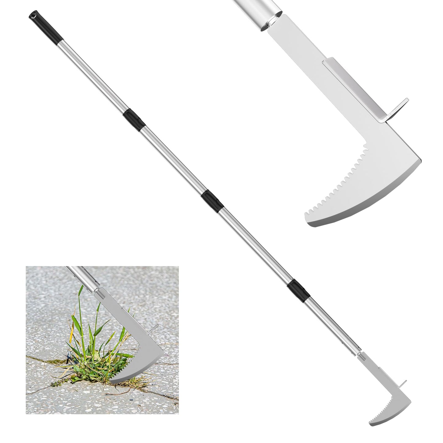 Crack Weeder, Stainless Steel Crevice Weeding Tool with 22'' to 64'' Adjustable Long Handle, L-Shaped Manual Weed Puller Spatula, Weed Remover Gardening Tool for Sidewalks Driveways Patio Pavers Rocks