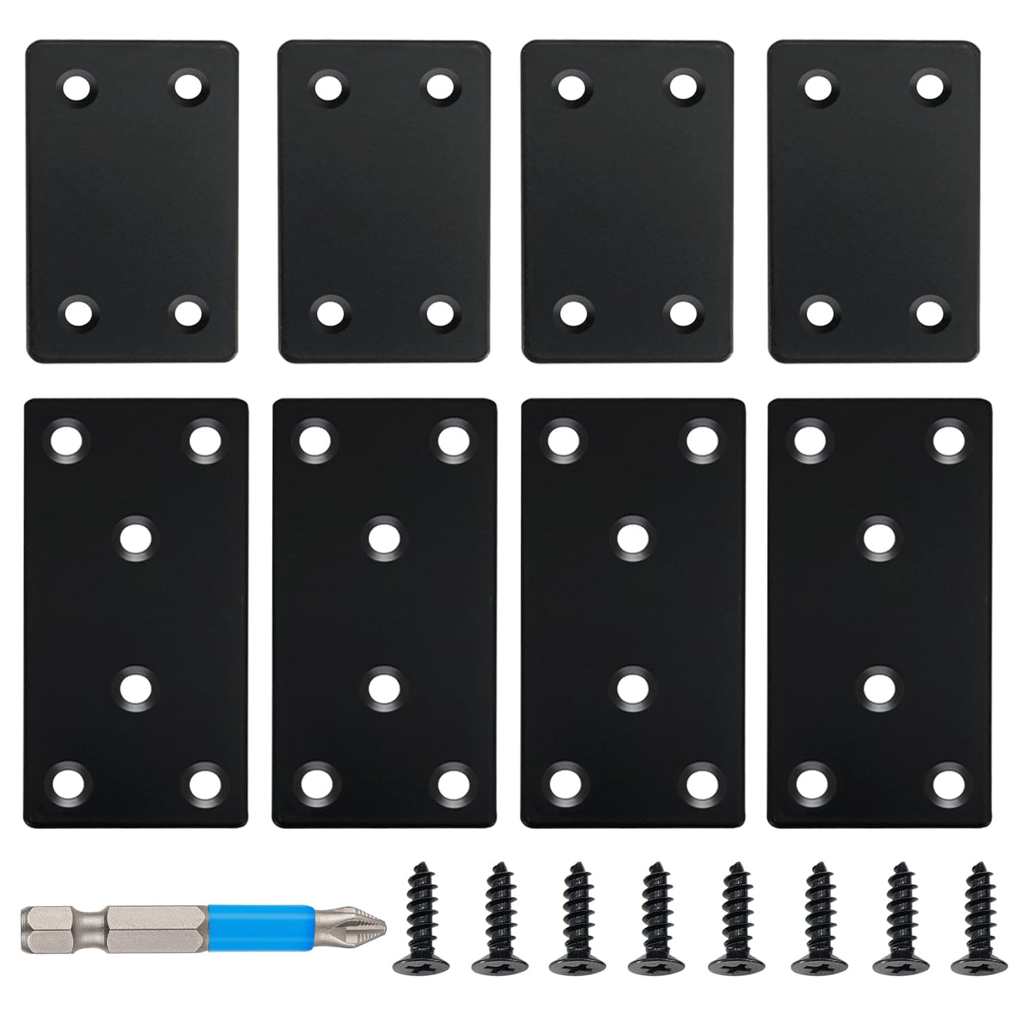 QSJ 8 Pack Black Flat Mending Plate 3.15x1.57‘’ & 2.36x1.49'', Stainless Steel Bracket, Straight Metal Brace Bracket, Fixing Joining Plate for Wood Furniture Fastening & Fixing
