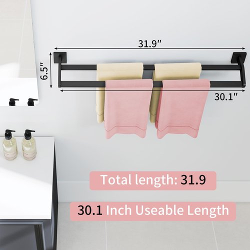 STWWO Double Towel Bars, 32 Inch Towel Holder Towel Racks for Bathroom, Stainless Steel Bath Towel Rack Towel Holder Wall Mounted, Black