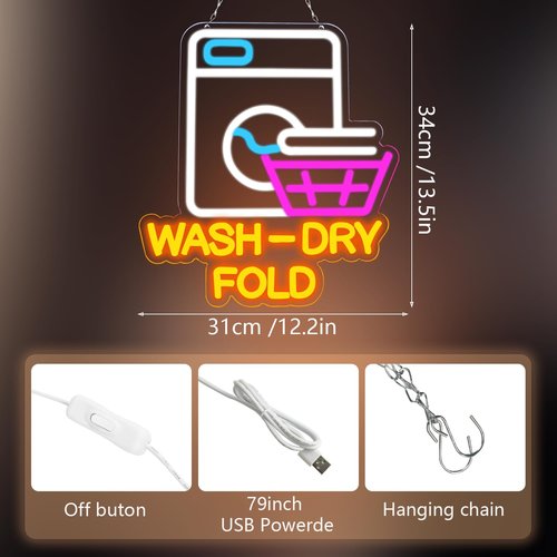 GLEAMYNHD Wash Dry Fold Neon Sign LED Light Up Wall Decor for Laundry Room Home & Laundromat - USB Powered 12x14 Inch Hanging Decorative Lights Gift Idea