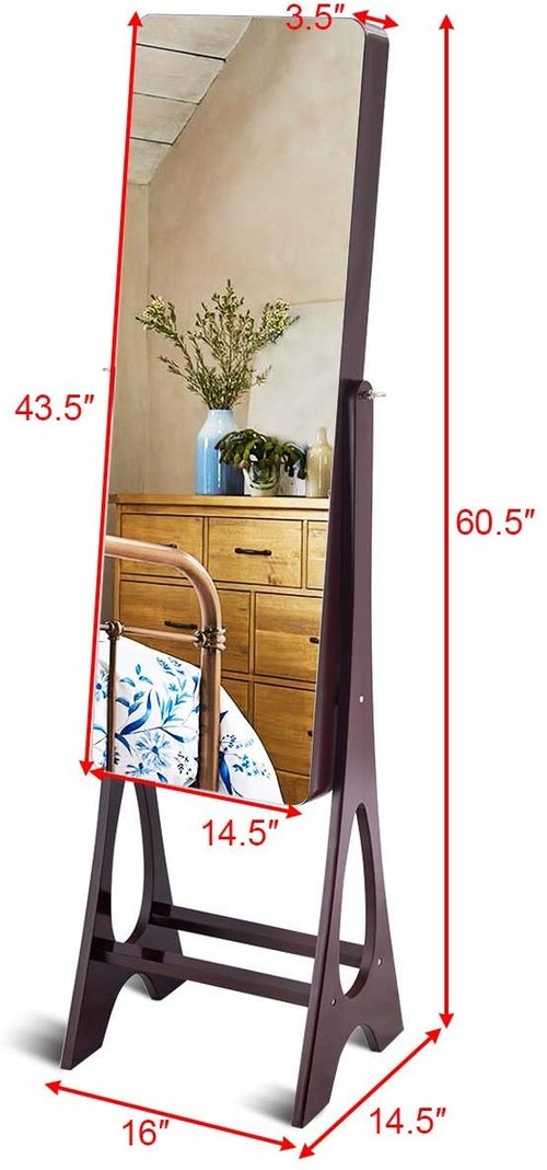 LED Mirrored Jewelry Cabinet Organizer, Wooden Bedroom Bathroom Floor Mirror Stand, Ring Slots, Lipstick Holders, Full-Length Mirror, Jewelry Cabinet Storage with Inner Mirror & 4 Storage Shelves