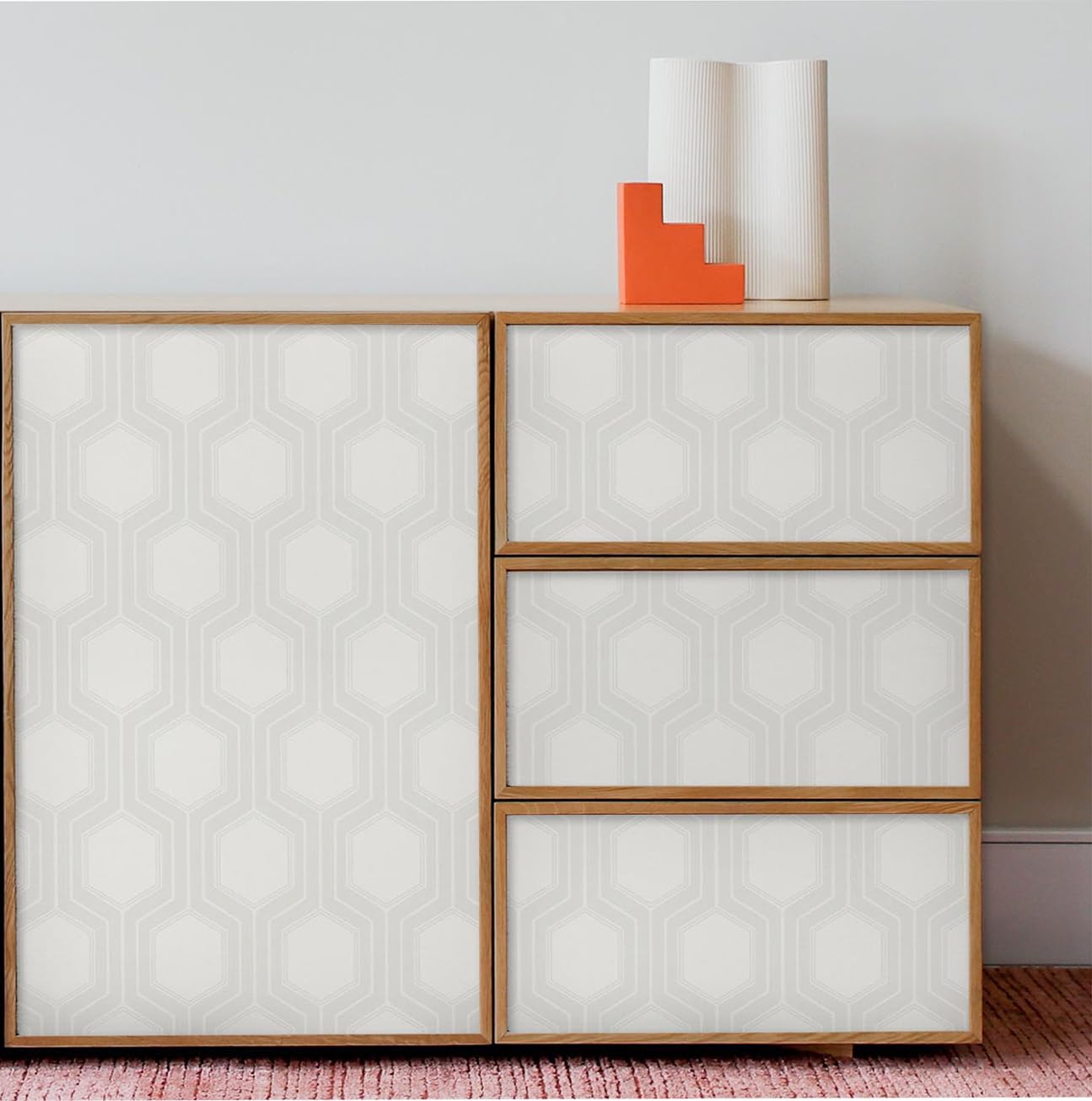 Tomete Modern Peel and Stick Wallpaper, Geometric Boho Wall Paper, Light Gray White Contact Paper for Cabinets Drawers, Kitchen, Bathroom, Removable Wall Covering for Living Room, Waterproof, Vinyl