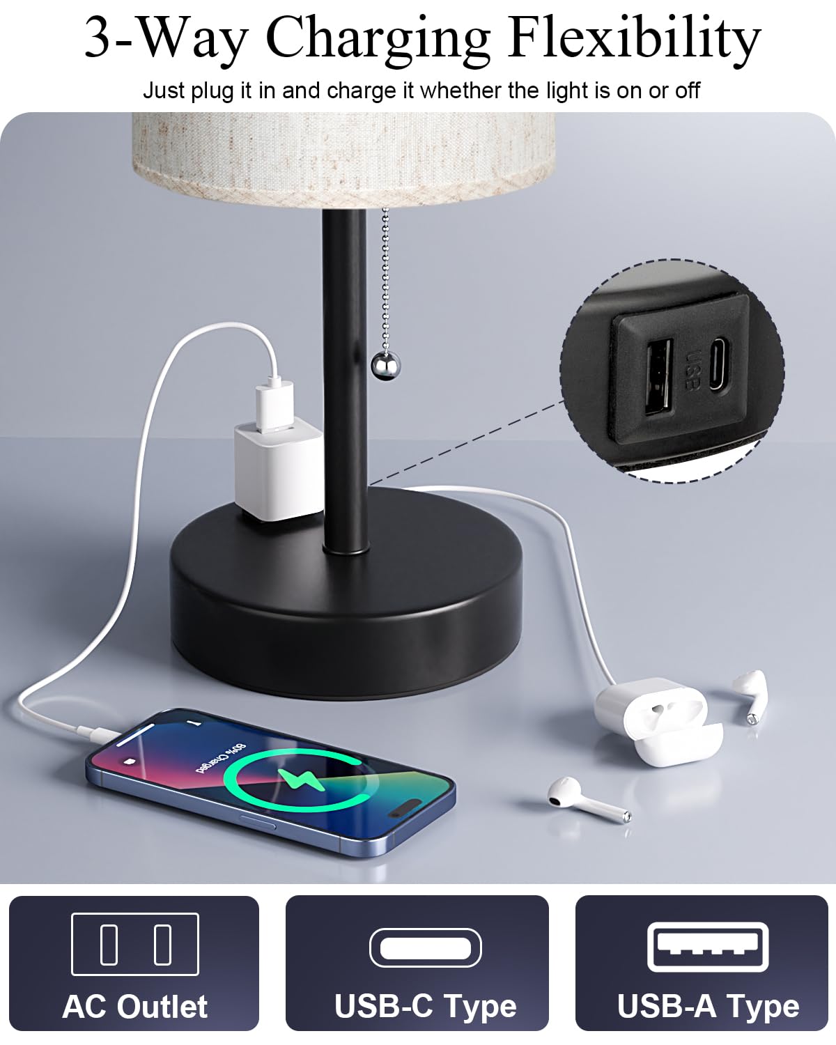 17.4" Large Bedside Table Lamps Set of 2 - 3 Color Temperatures Pull Chain Lamp with AC Outlet Charging Port, Round Night Stand Lamps for Bedroom Guest Room Office, Bed Side Light with E26 LED Bulbs