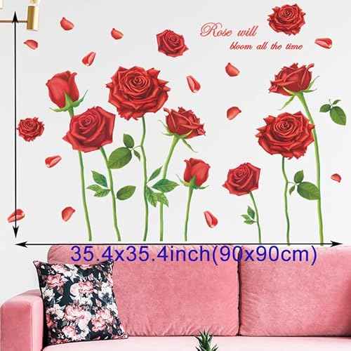 Rose Wall Decal Red Flower Wall Stickers Romantic Floral Removable Vinyl Wall Murals for Living Room Girls Bedroom TV Sofa Background Wall Art Decors