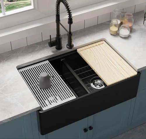 Stallion Creek 33 inch Black Double Bowl Apron Front Workstation Fireclay Kitchen Sink in black color