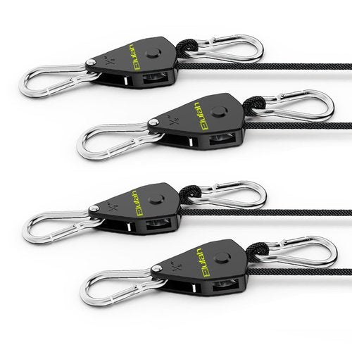 ELUFAH 4-Pack 1/8" Adjustable Retractable, Heavy-Duty Rope Hanger with Reinforced Metal Gear, 10ft Length, 75 lbs Capacity Rope for Hanging Grow Light/Kayak/Camping Tent/Various Tie-Down Work