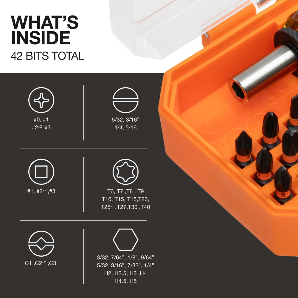 Klein Tools 33803 ProFlex 42-Bit Impact Driver Bit Set with Modular Case, S2 Steel, Magnetic, Adjustable Screwdriver