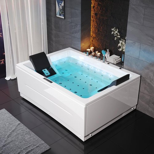 KunMai 71" Freestanding Heated Bathtub for Two with Temperature Control, 118-Gallon Massage Soaking Tub with 38 Jets, Acrylic Spa Tub with LED Chromatherapy Light