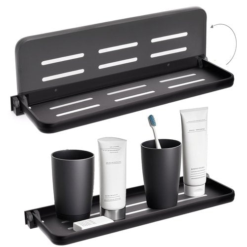 DEAYOU 2 Pack Folding Wall Shelf for Bathroom, 90° Fold Up Floating Shelf, Wall Mounted Drop Down Metal Shelves for RV, Campers, Laundry Room, Toilet Room, Kitchen, Waterproof, Space Saving, Black